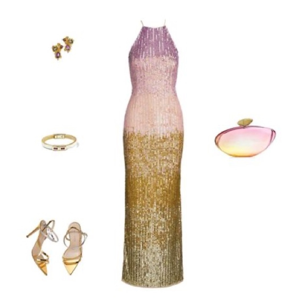 Mac Duggal Sequin Halter Gown, Ombre, Size 0,2,4,8,16 Lilac/Gold 93738